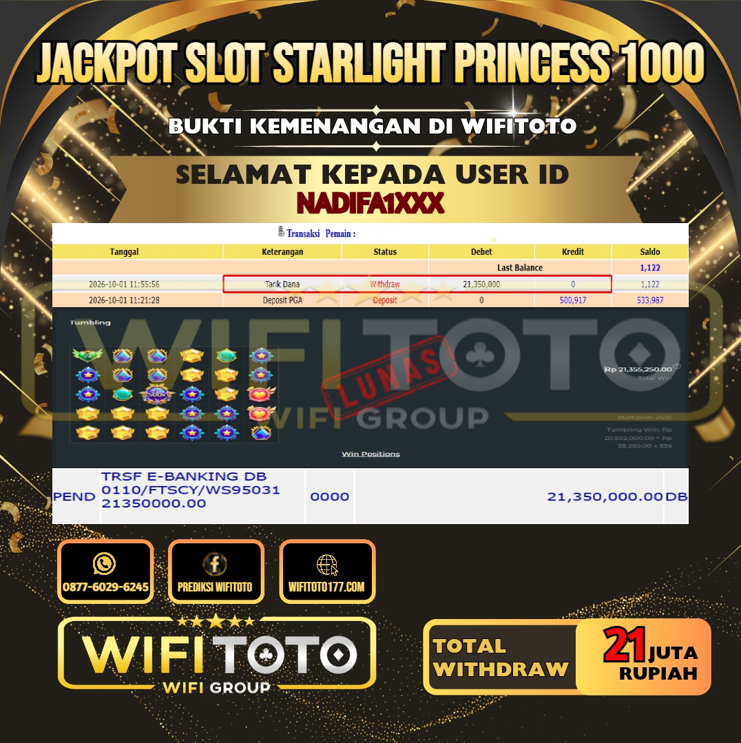 WIFITOTO JACKPOT SLOT STARLIGHT PRINCESS 1000 RP.21.000.000,- LUNAS USER ID : NADIFA1***
