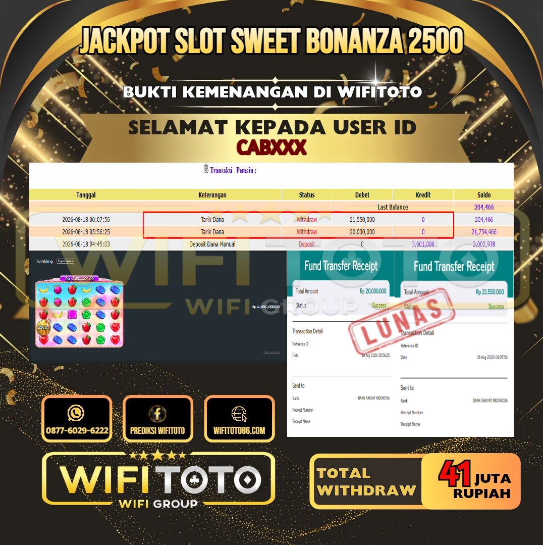 WIFITOTO JACKPOT SLOT SWEET BONANZA 2500 RP.41.000.000,- LUNAS USER ID : CAB***