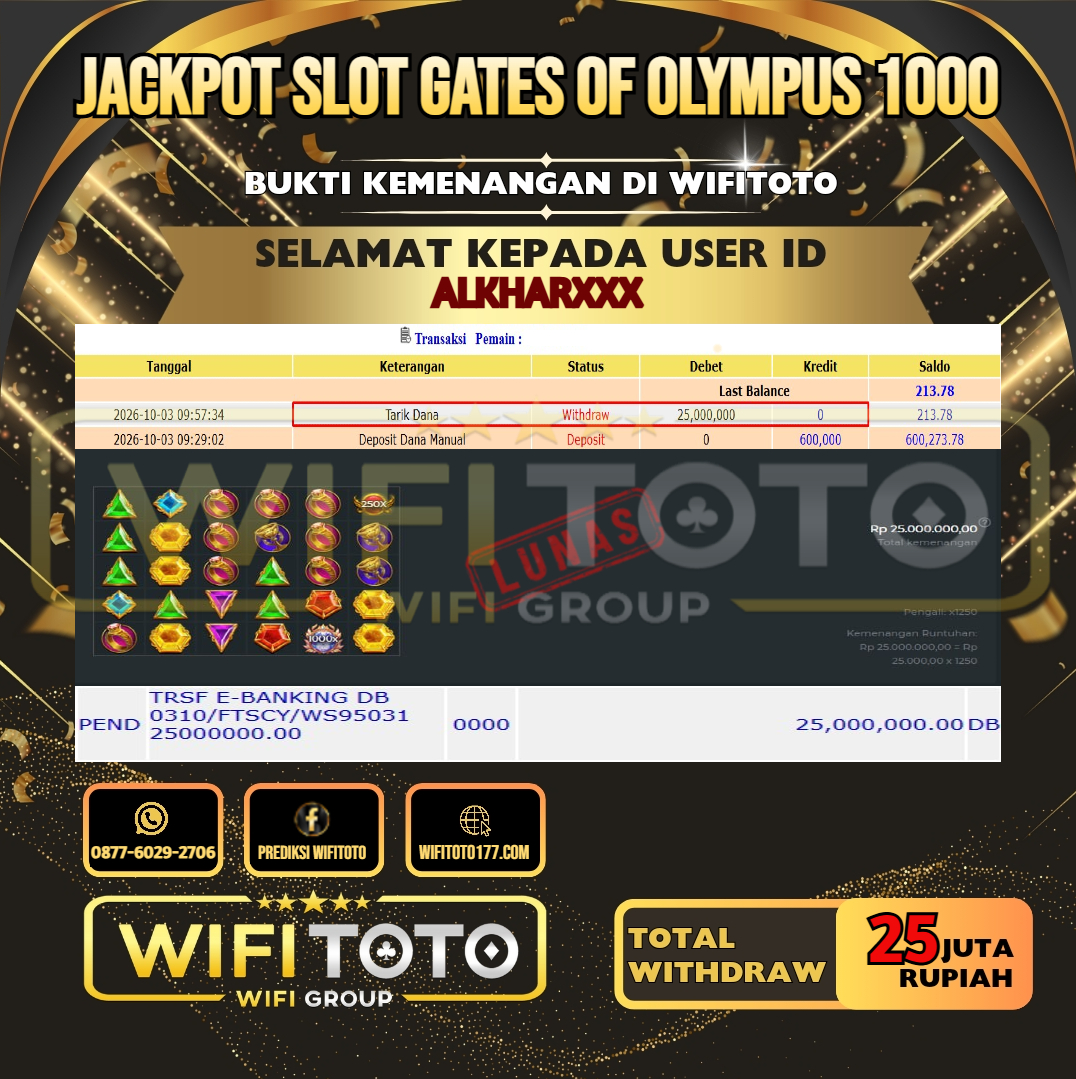 WIFITOTO JACKPOT SLOT GATES OF OLYMPUS 1000 RP.25.000.000,- LUNAS USER ID : ALKHAR***
