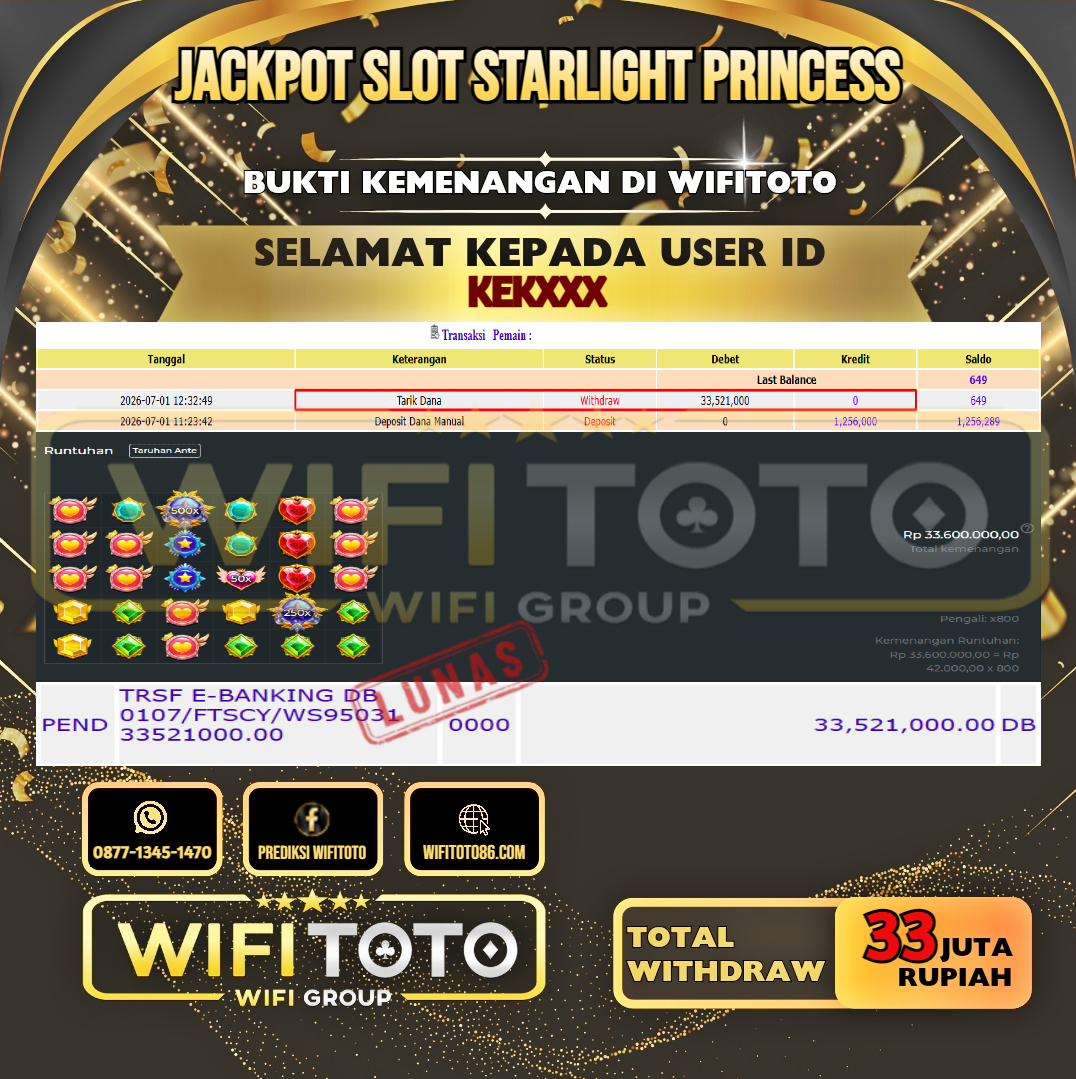 WIFITOTO  JACKPOT SLOT STARLIGHT PRINCESS RP.33.000.000,- LUNAS USER ID : KEK***