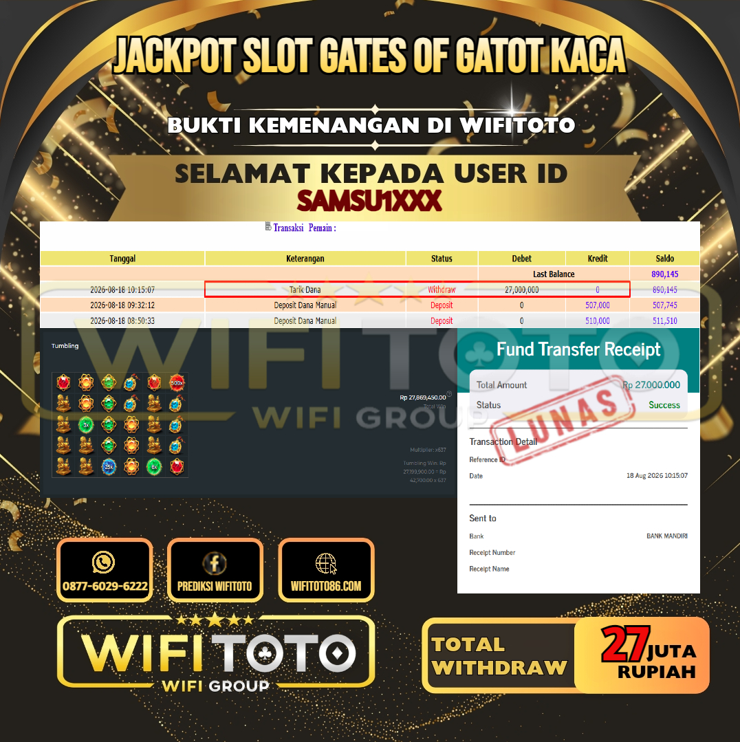 WIFITOTO JACKPOT SLOT GATES OF GATOT KACA RP.27.000.000,- LUNAS USER ID : SAMSU1***