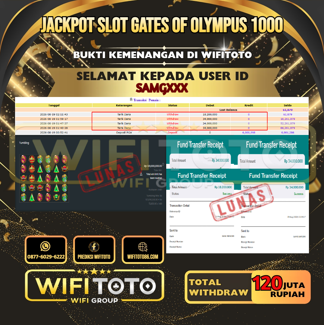 WIFITOTO JACKPOT SLOT GATES OF OLYMPUS 1000 RP.120.000.000,- LUNAS USER ID : SAMG***