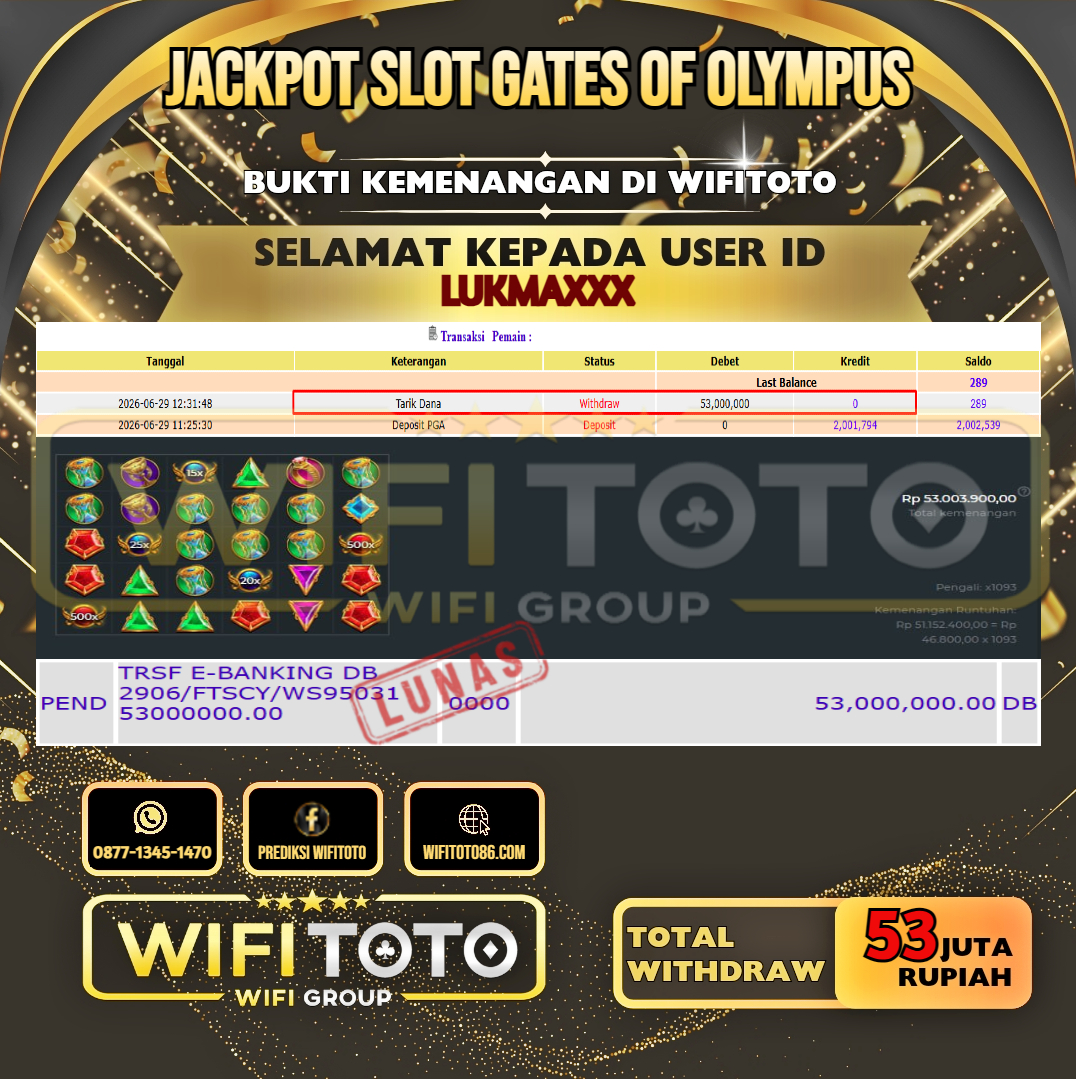 WIFITOTO  JACKPOT SLOT GATES OF OLYMPUS RP.53.000.000,- LUNAS USER ID : LUKMA***