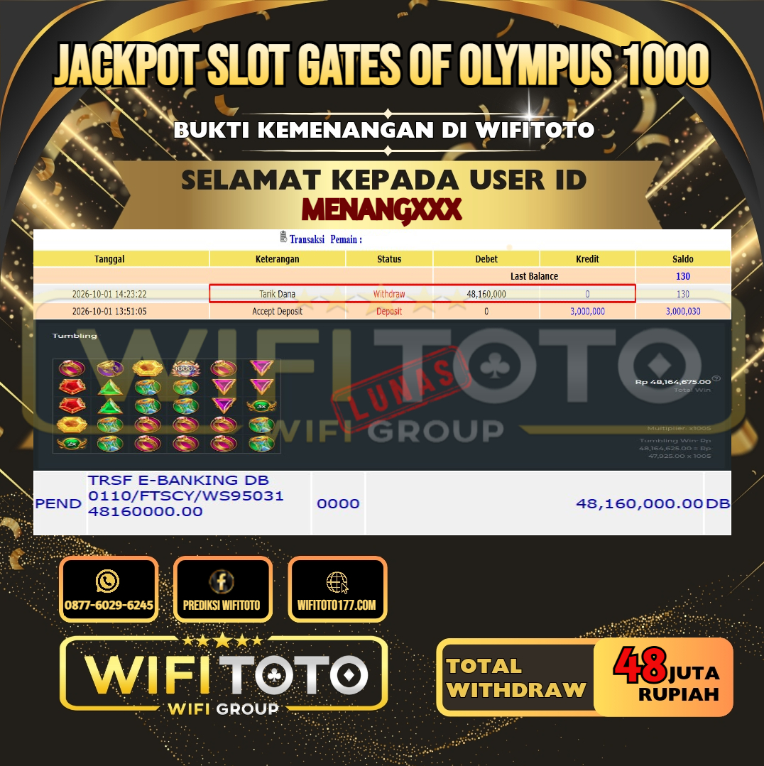 WIFITOTO JACKPOT SLOT GATES OF OLYMPUS 1000 RP.48.000.000,- LUNAS USER ID : MENANG***