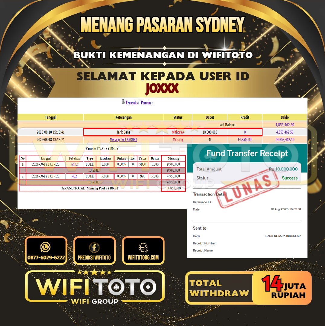 WIFITOTO JACKPOT TOGEL PASARAN SYDNEY RP.14.000.000,- LUNAS USER ID : JO***