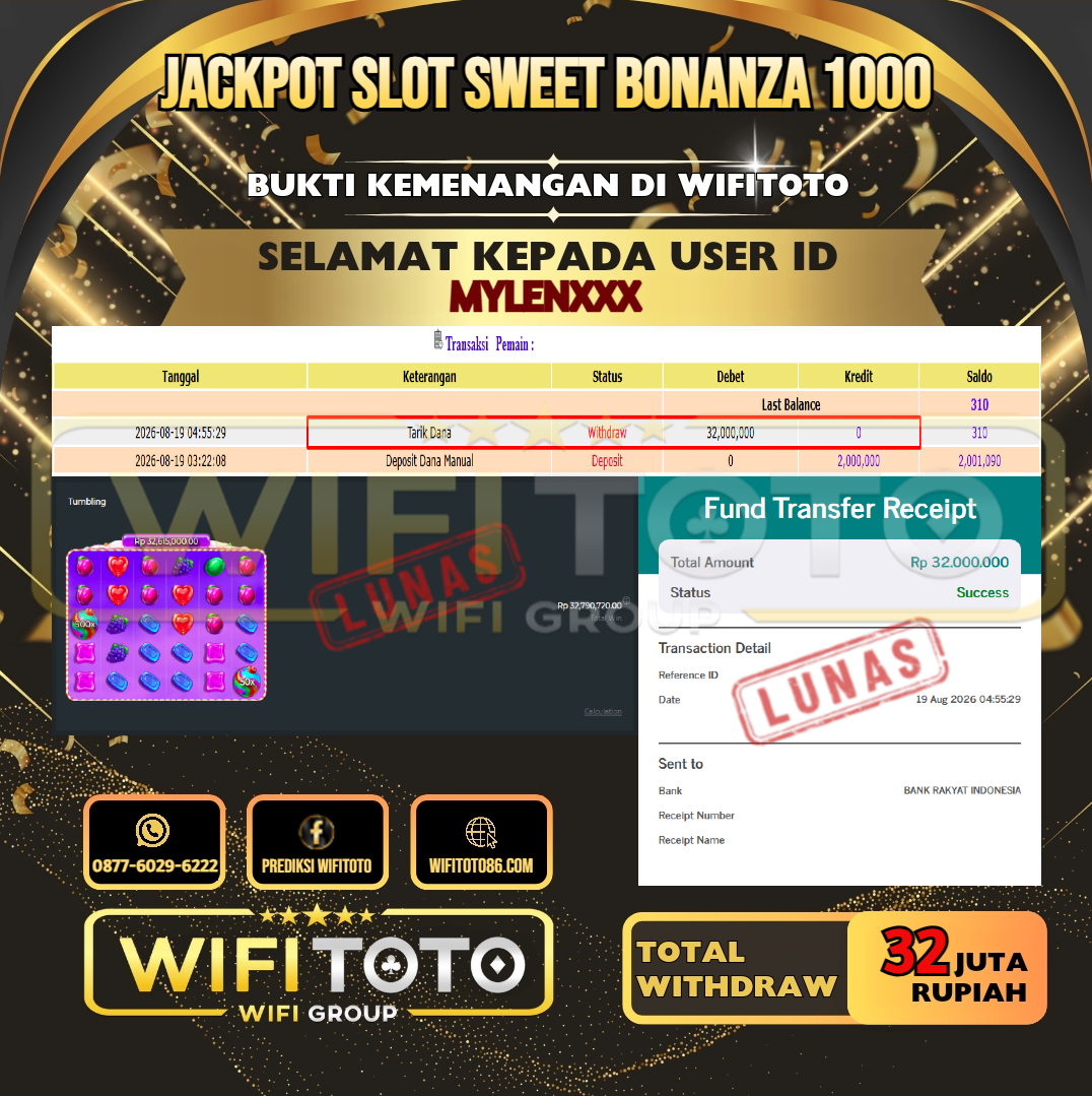WIFITOTO JACKPOT SLOT SWEET BONANZA 1000 RP.32.000.000,- LUNAS USER ID : MYLEN***