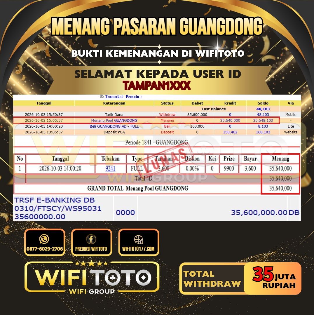 WIFITOTO JACKPOT TOGEL PASARAN GUANGDONG RP.35.000.000,- LUNAS USER ID : TAMPAN1***