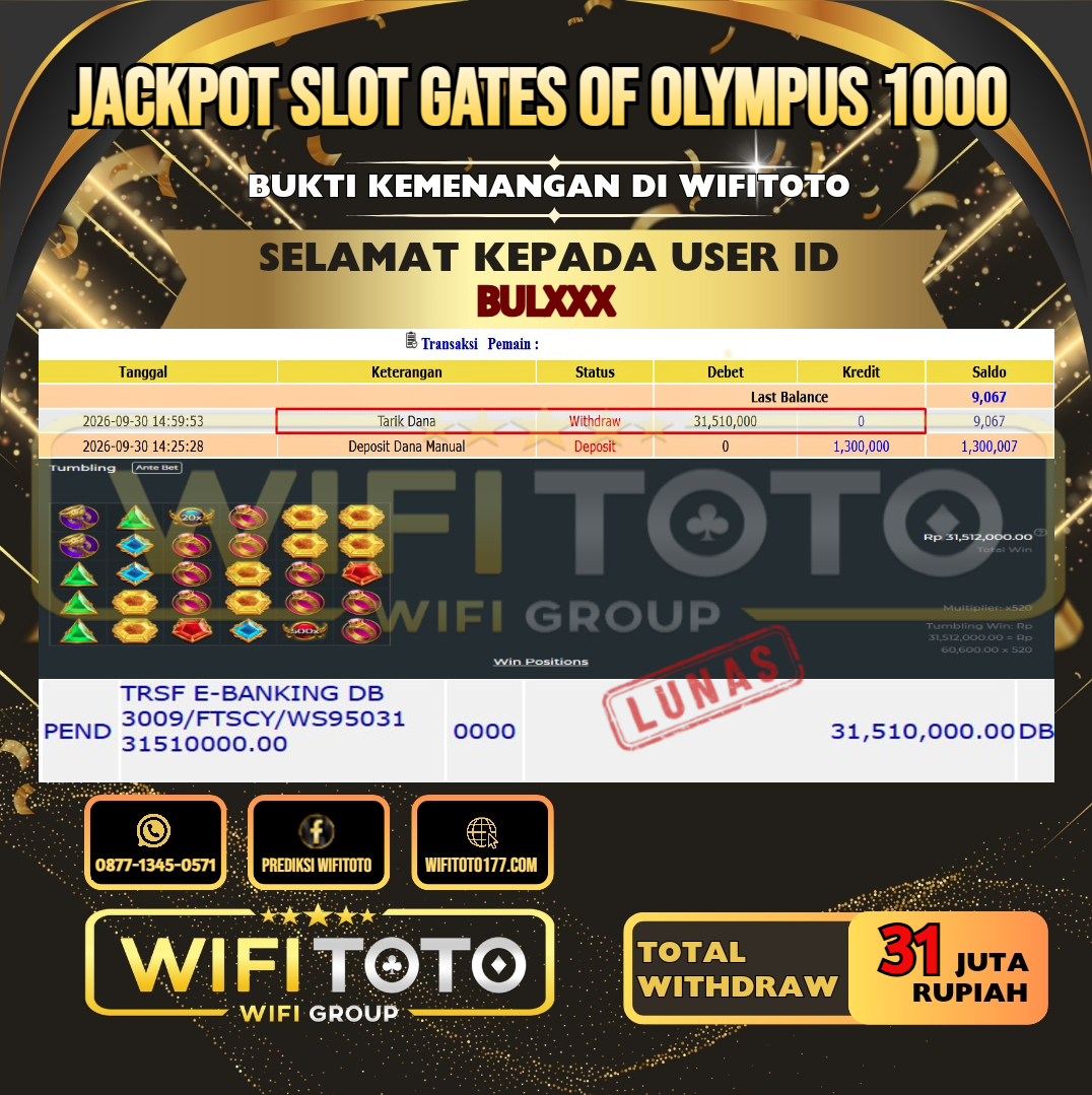 WIFITOTO JACKPOT SLOT GATES OF OLYMPUS 1000 RP.31.000.000,- LUNAS USER ID : BUL***