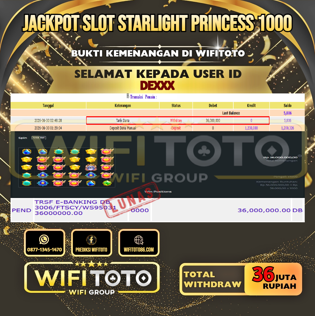 WIFITOTO  JACKPOT SLOT STARLIGHT PRINCESS 1000 RP.36.000.000,- LUNAS USER ID : DE***