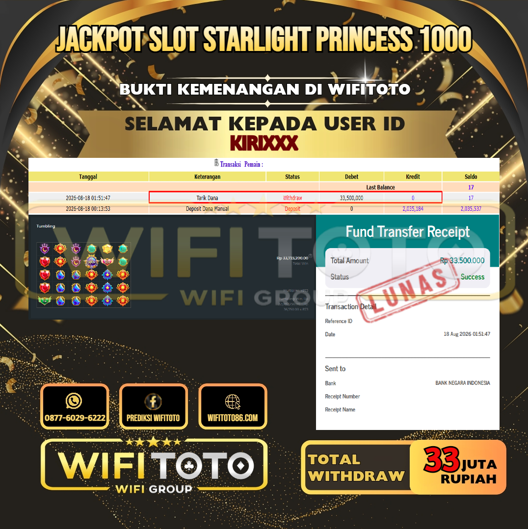 WIFITOTO JACKPOT SLOT STARLIGHT PRINCESS 1000 RP.33.000.000,- LUNAS USER ID : KIRI***