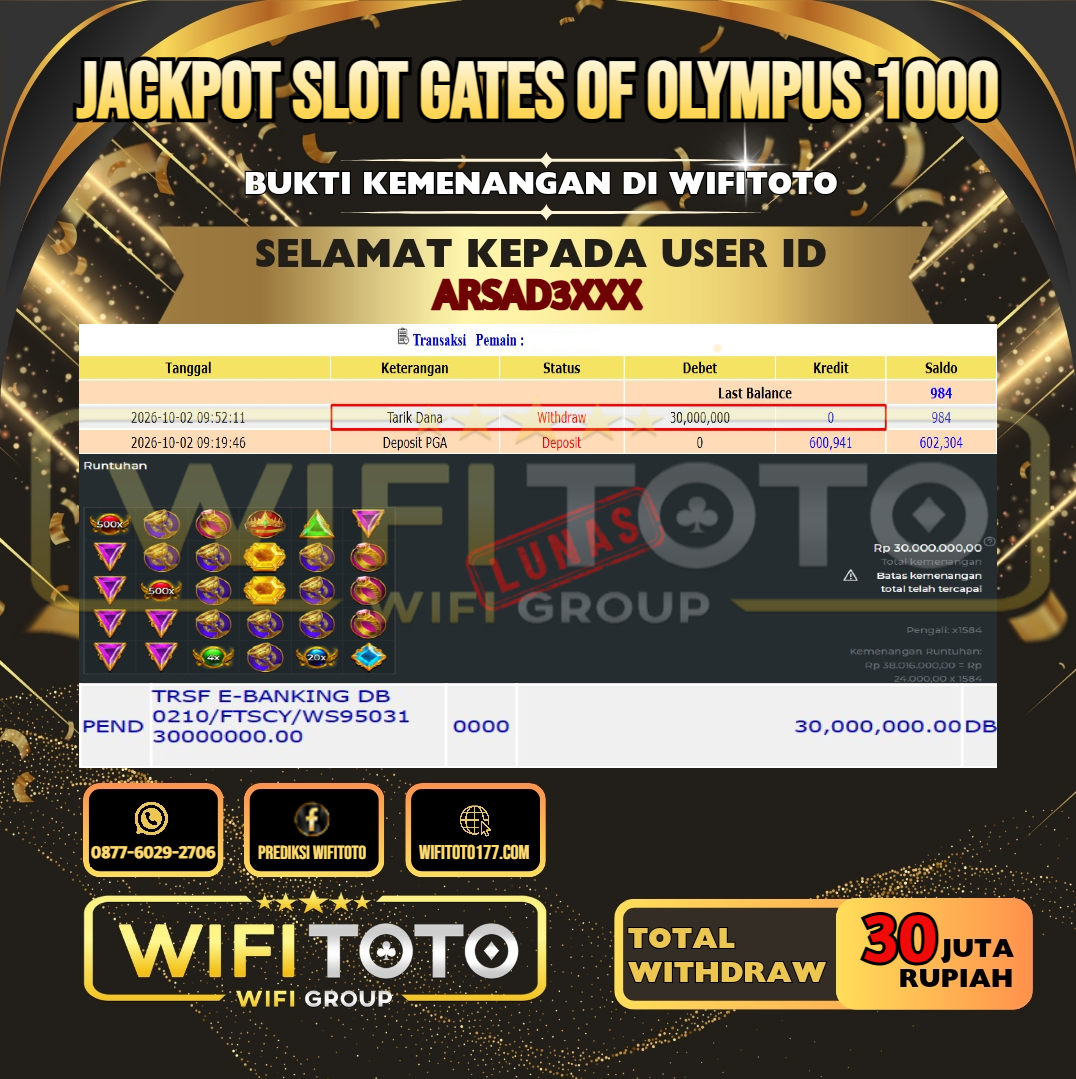 WIFITOTO JACKPOT SLOT GATES OF OLYMPUS 1000RP.30.000.000,- LUNAS USER ID : ARSAD3***
