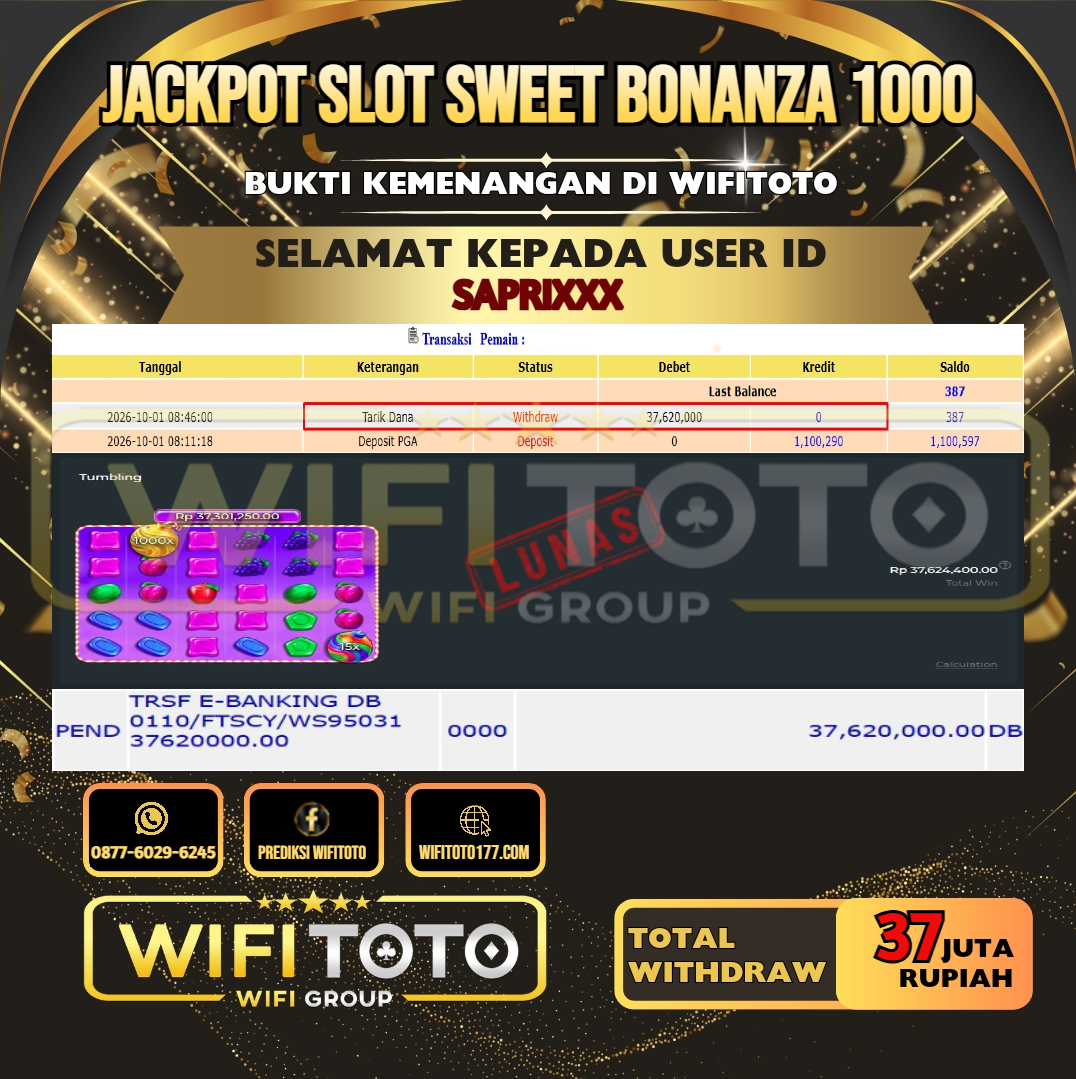 WIFITOTO JACKPOT SLOT SWEET BONANZA 1000 RP.37.000.000,- LUNAS USER ID : SAPRI***