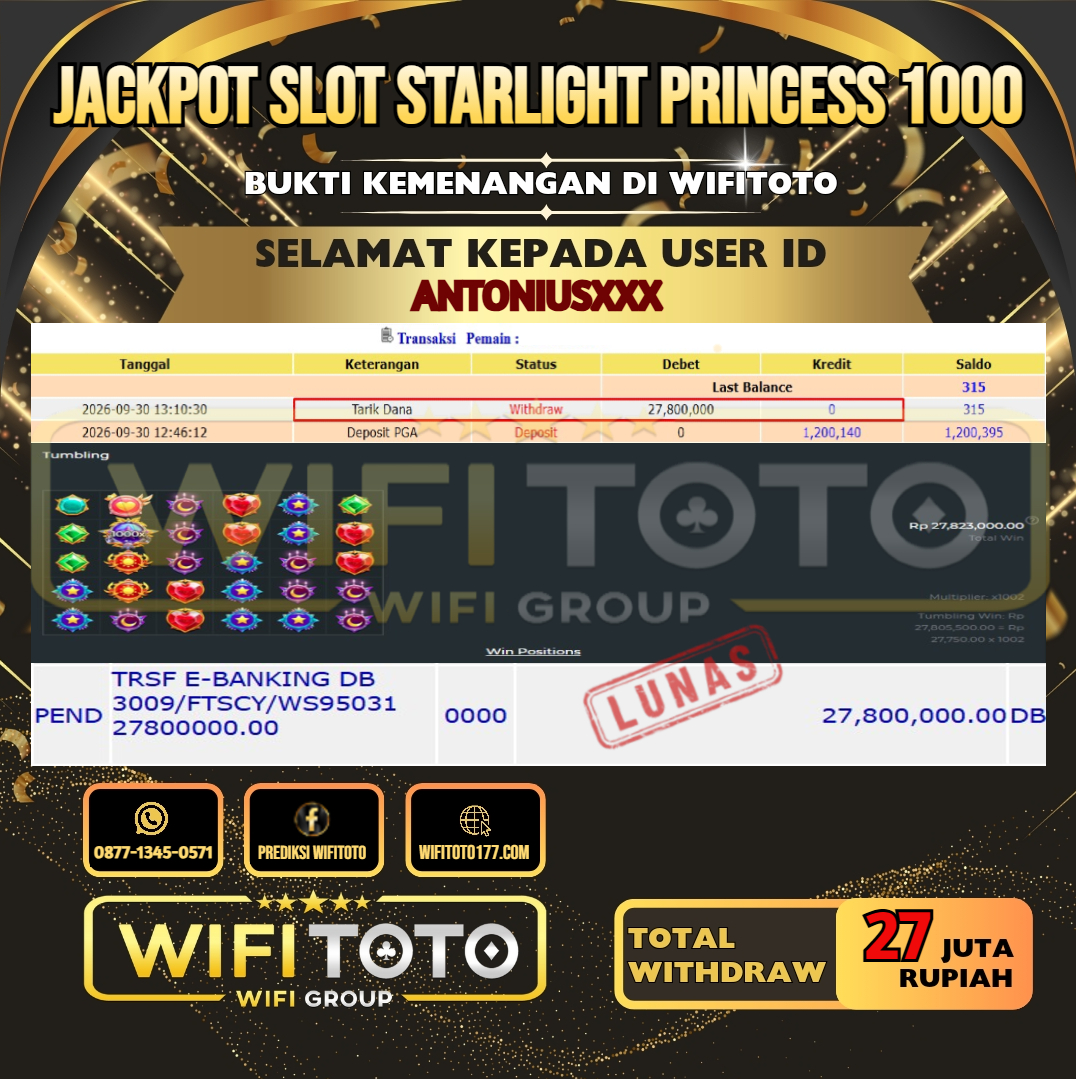 WIFITOTO JACKPOT SLOT STARLIGHT PRINCESS 1000 RP.27.000.000,- LUNAS USER ID : ANTONIUS***
