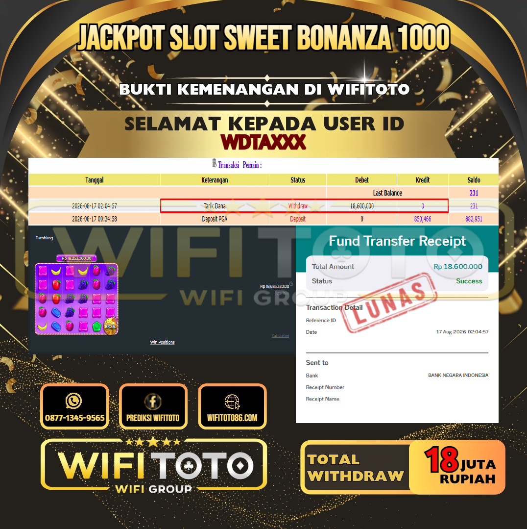 WIFITOTO JACKPOT SLOT SWEET BONANZA 1000 RP.18.000.000,- LUNAS USER ID : WDTA***