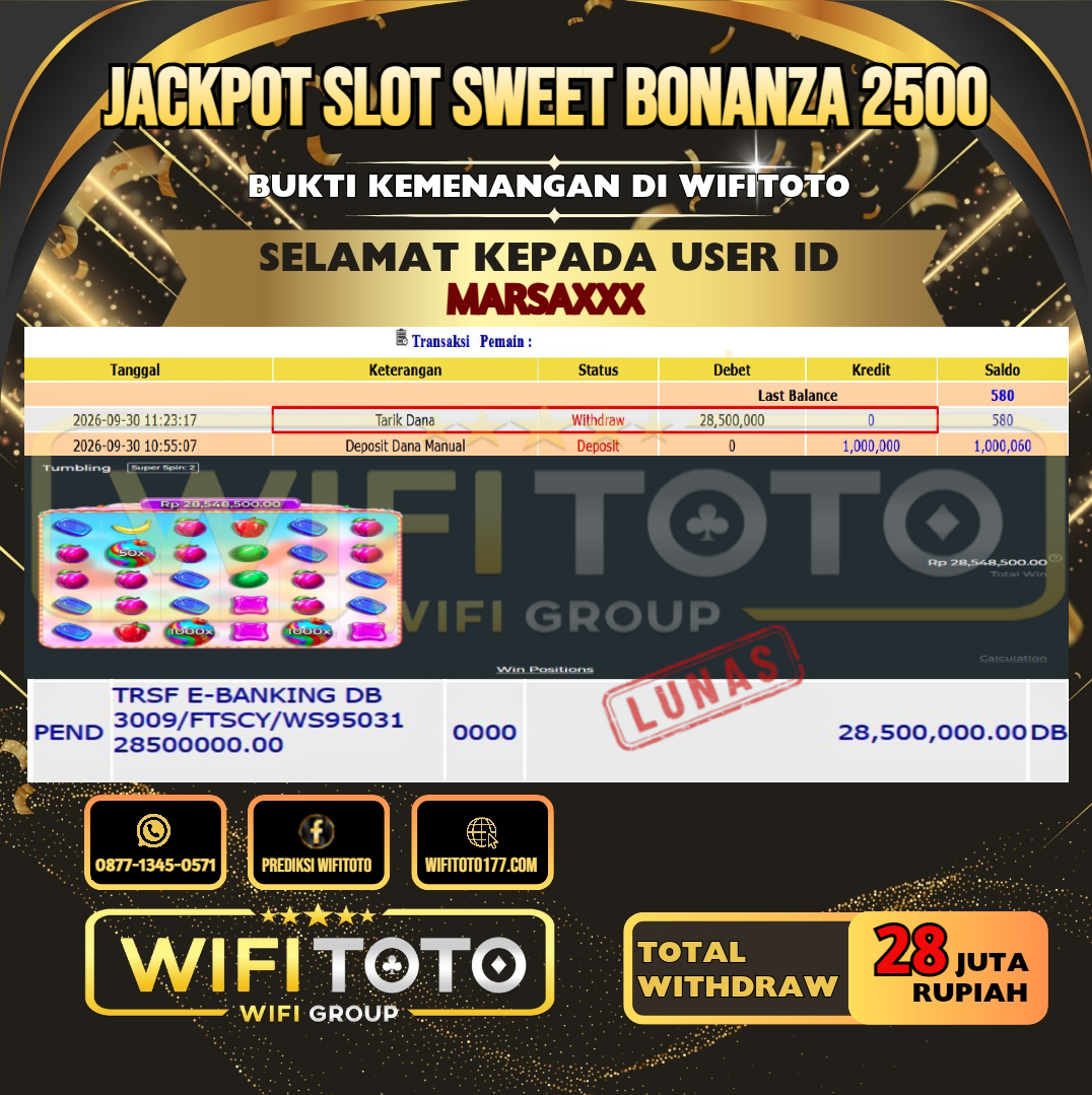 WIFITOTO JACKPOT SLOT SWEET BONANZA 2500 RP.28.000.000,- LUNAS USER ID : MARSA***