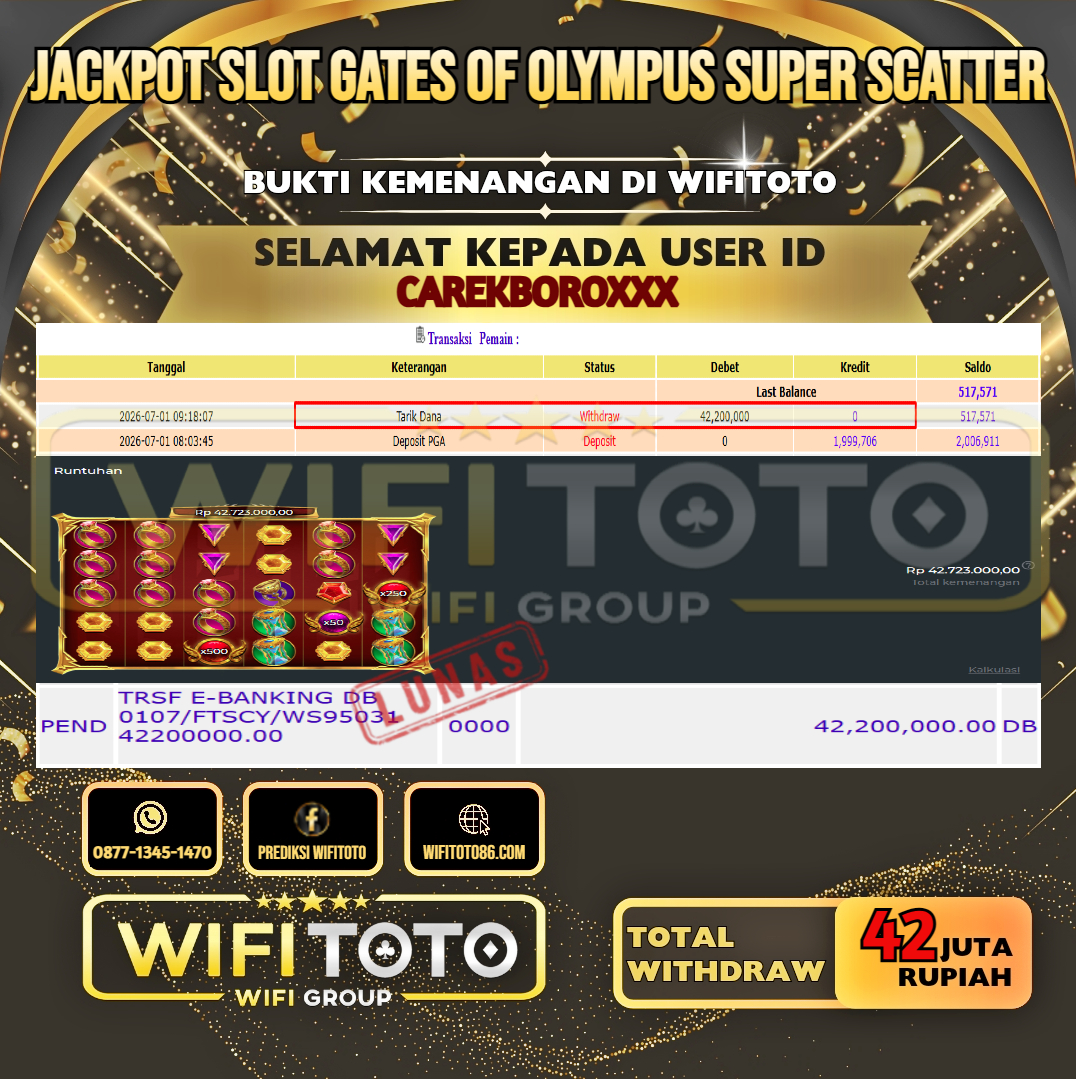 WIFITOTO  JACKPOT SLOT GATES OF OLYMPUS SUPER SCATTER RP.42.000.000,- LUNAS USER ID : CAREKBORO***