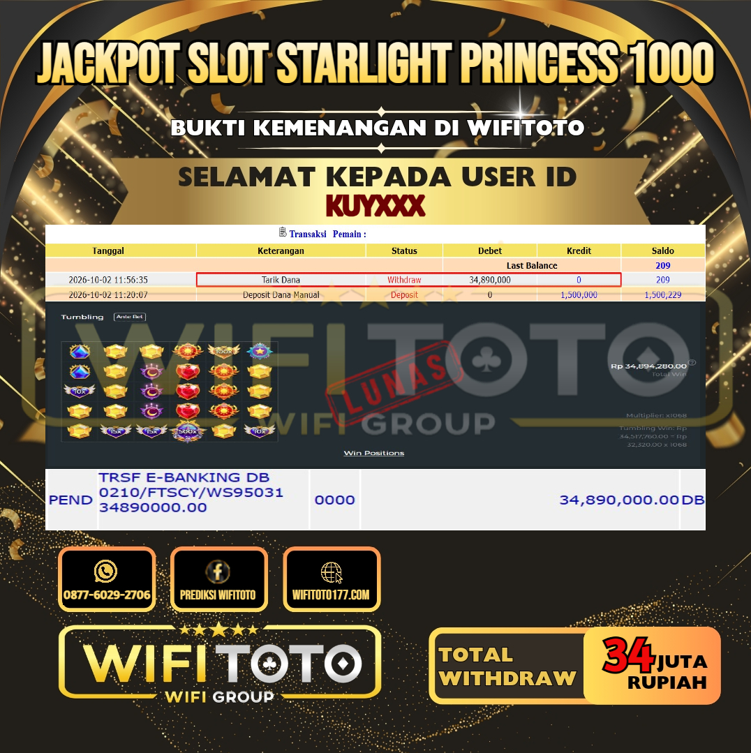 WIFITOTO JACKPOT SLOT STARLIGHT PRINCESS 1000 RP.34.000.000,- LUNAS USER ID : KUY***