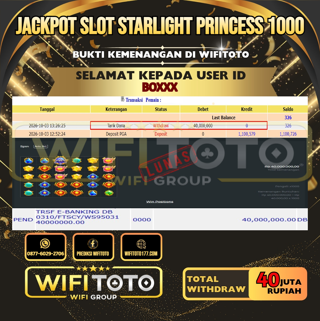 WIFITOTO JACKPOT SLOT STARLIGHT PRINCESS 1000 RP.40.000.000,- LUNAS USER ID : BO***