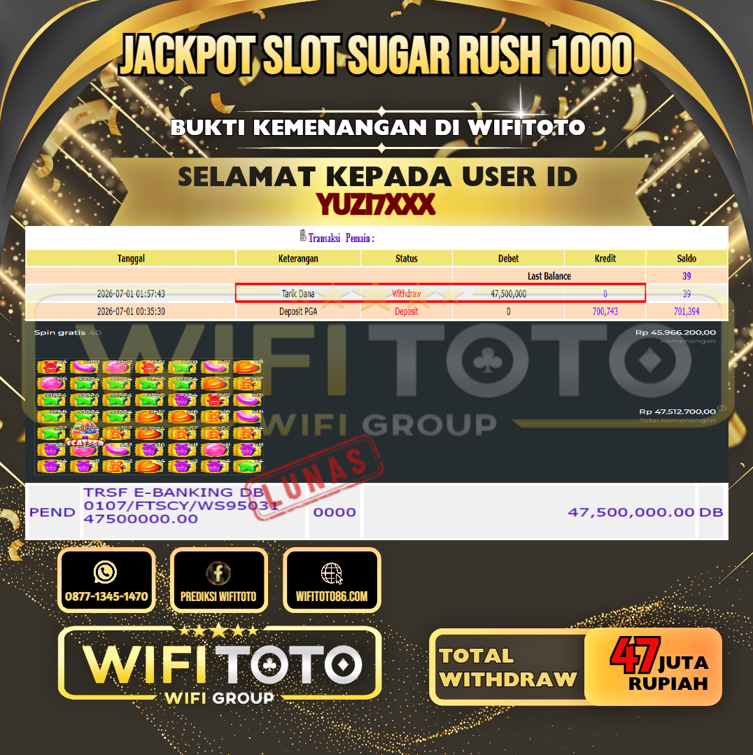 WIFITOTO  JACKPOT SLOT SUGAR RUSH 1000 RP.47.000.000,- LUNAS USER ID : YUZI7***