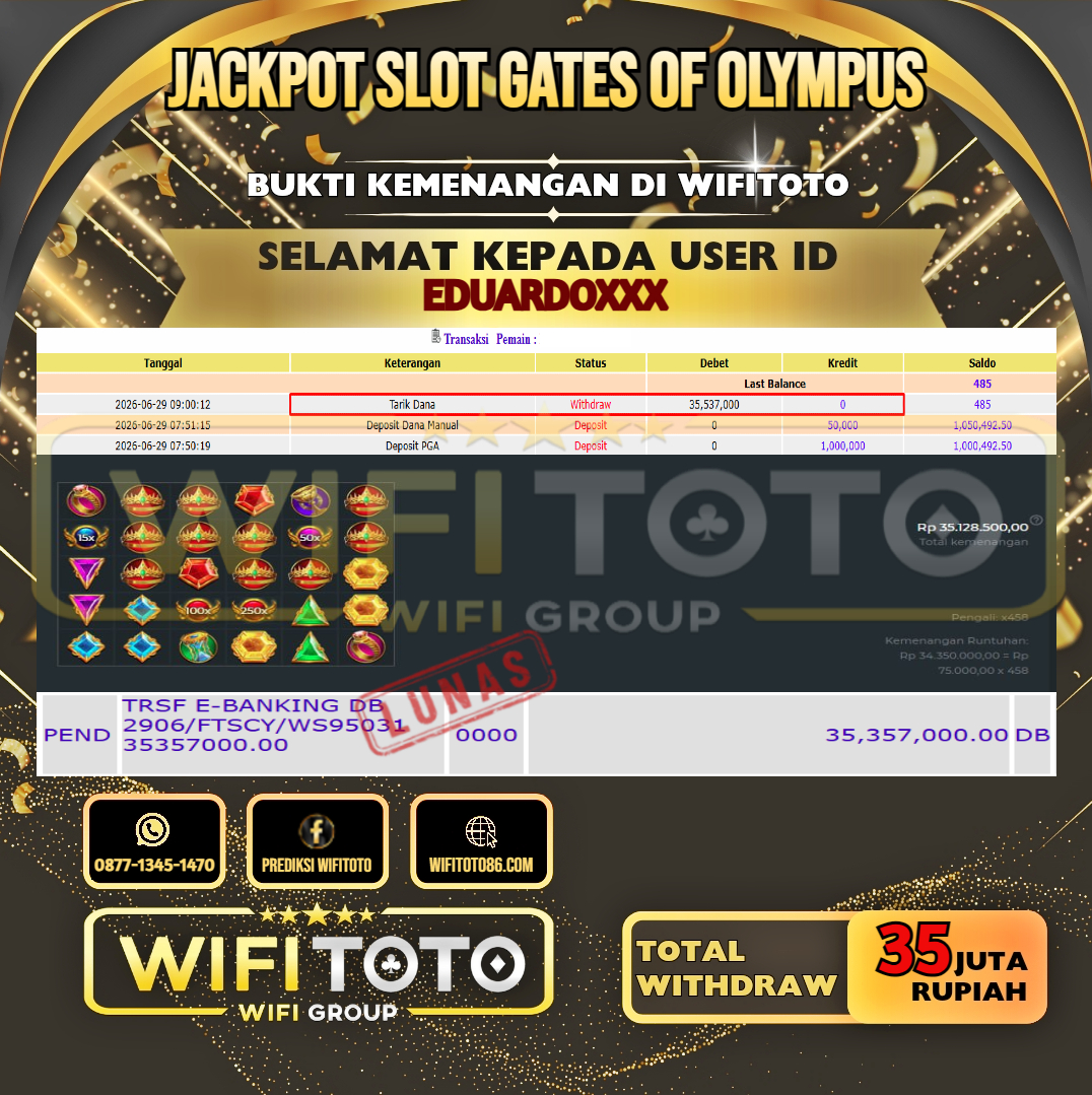 WIFITOTO  JACKPOT SLOT GATES OF OLYMPUS RP.35.000.000,- LUNAS USER ID : EDUARDO***