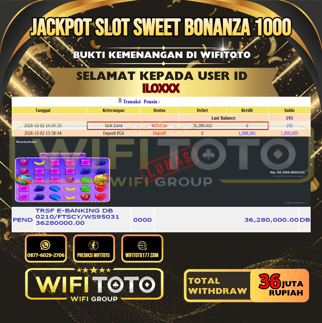 WIFITOTO JACKPOT SLOT SWEET BONANZA 1000 RP.36.000.000,- LUNAS USER ID : ILO***