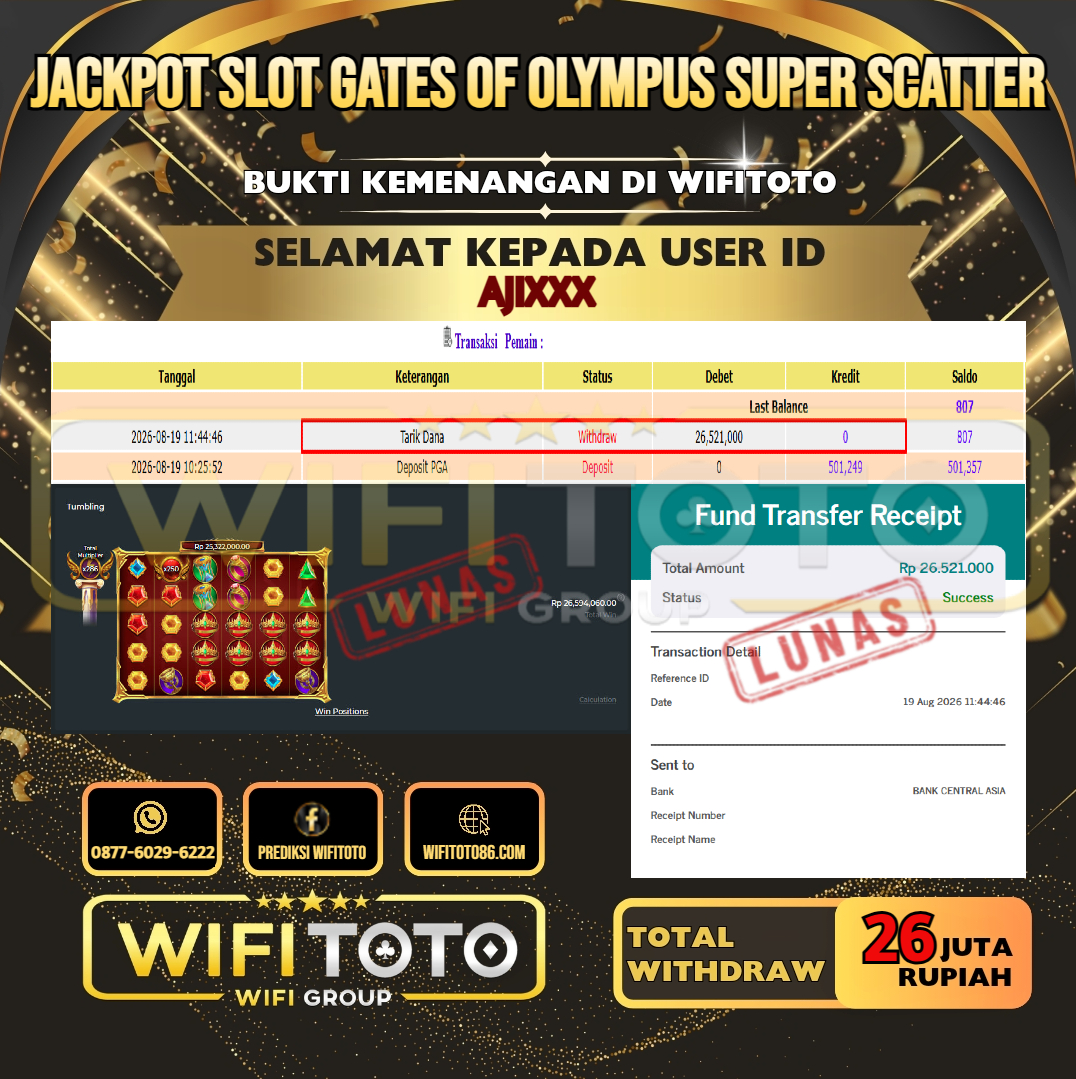 WIFITOTO JACKPOT SLOT GATES OF OLYMPUS SUPER SCATTER RP.26.000.000,- LUNAS USER ID : AJI***