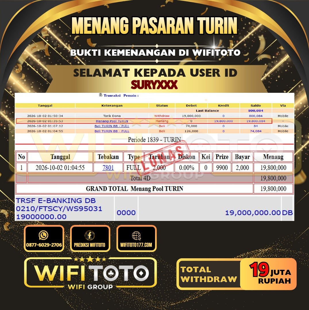 WIFITOTO JACKPOT TOGEL PASARAN TURIN RP.19.000.000,- LUNAS USER ID : SURY***